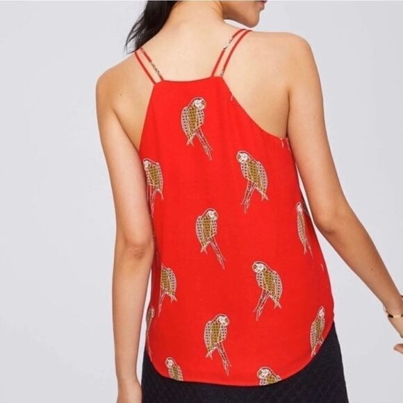 LOFT Petite Parrot Double Strappy Cami Red Tank Sleeveless Bird Blouse Shell Top - Picture 3 of 13